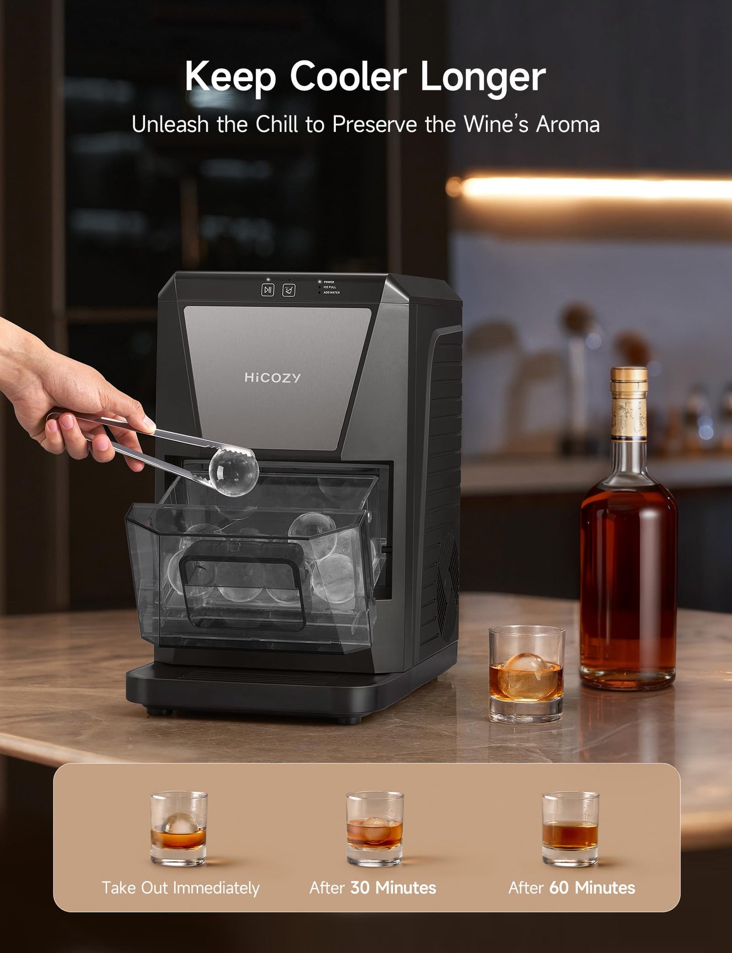 HiCOZY B1 2" Clear Ice Ball Maker Countertop,Sphere Ice Maker with IcyGem Technology, 2 Big Balls in 60Mins,40 pcs/Day, Self-Cleaning Ice Machine with Ice Tong for Cocktails, Whiskey, Mother‘s Gift