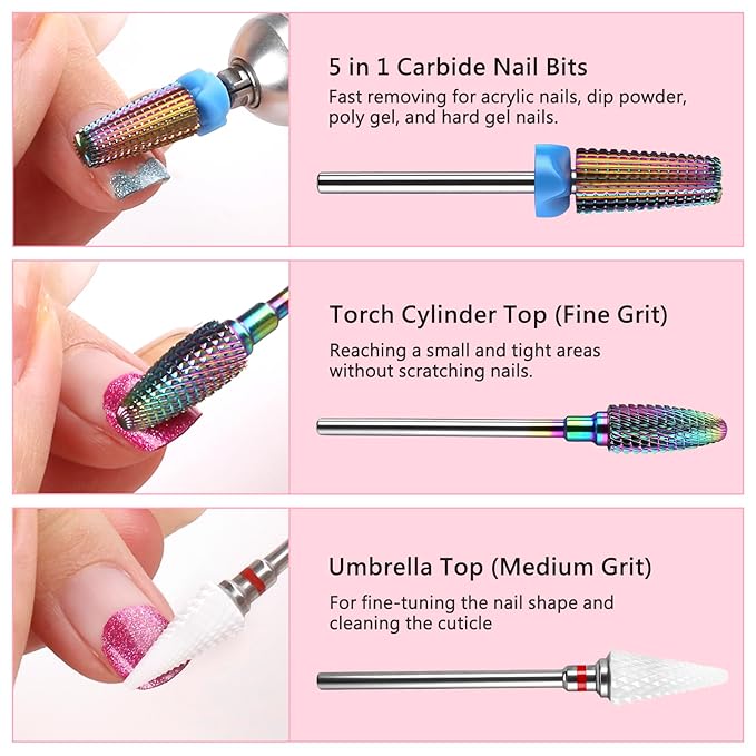 BQAN Nail Drill Bits Set, 7pcs Tungsten Carbide Diamond Drill Bits for Nail Tech, Remove Acrylic Gel Polish Cuticle, Manicure Pedicure Tools