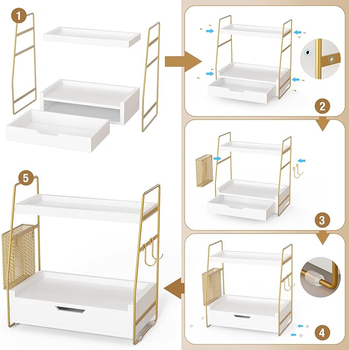 2-Tier Bathroom Counter Organizer with Drawer & Removable Basket, Wood & Metal Vanity Organizer for Skincare, Makeup, Perfume, Toiletries, Small Bathroom Counter Shelf, 13'' White Gold