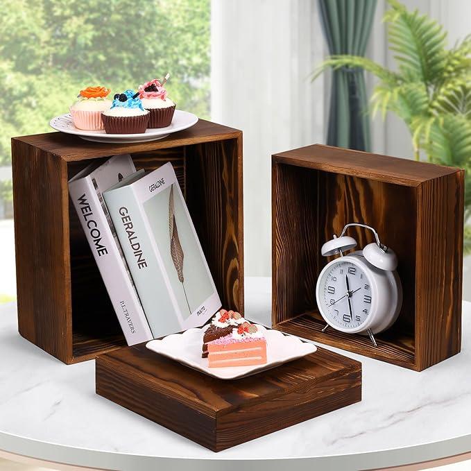 6 Pack Wooden Risers Display Stands Rustic Wood Cake & Cupcake Stands for Party Square Food Risers for Buffet Wooden Crates for Display Home Decor