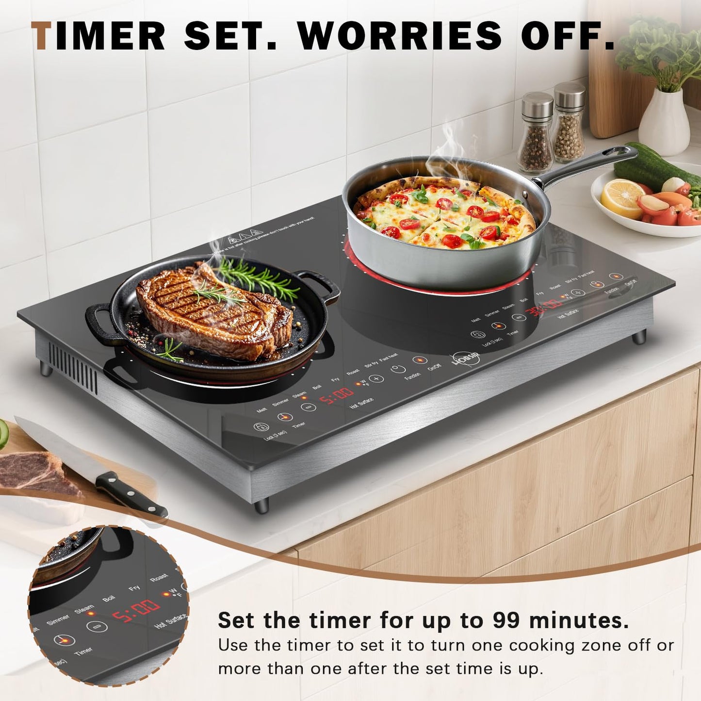Hobsir 2 Burner Electric Cooktop 110V with Plug, Total 2000W Shared Power, Electric Stove Top with 8 Function & 8 Power, Two Burner Kitchen Cooktop with Timer & Child Safety Lock, for RV Camping
