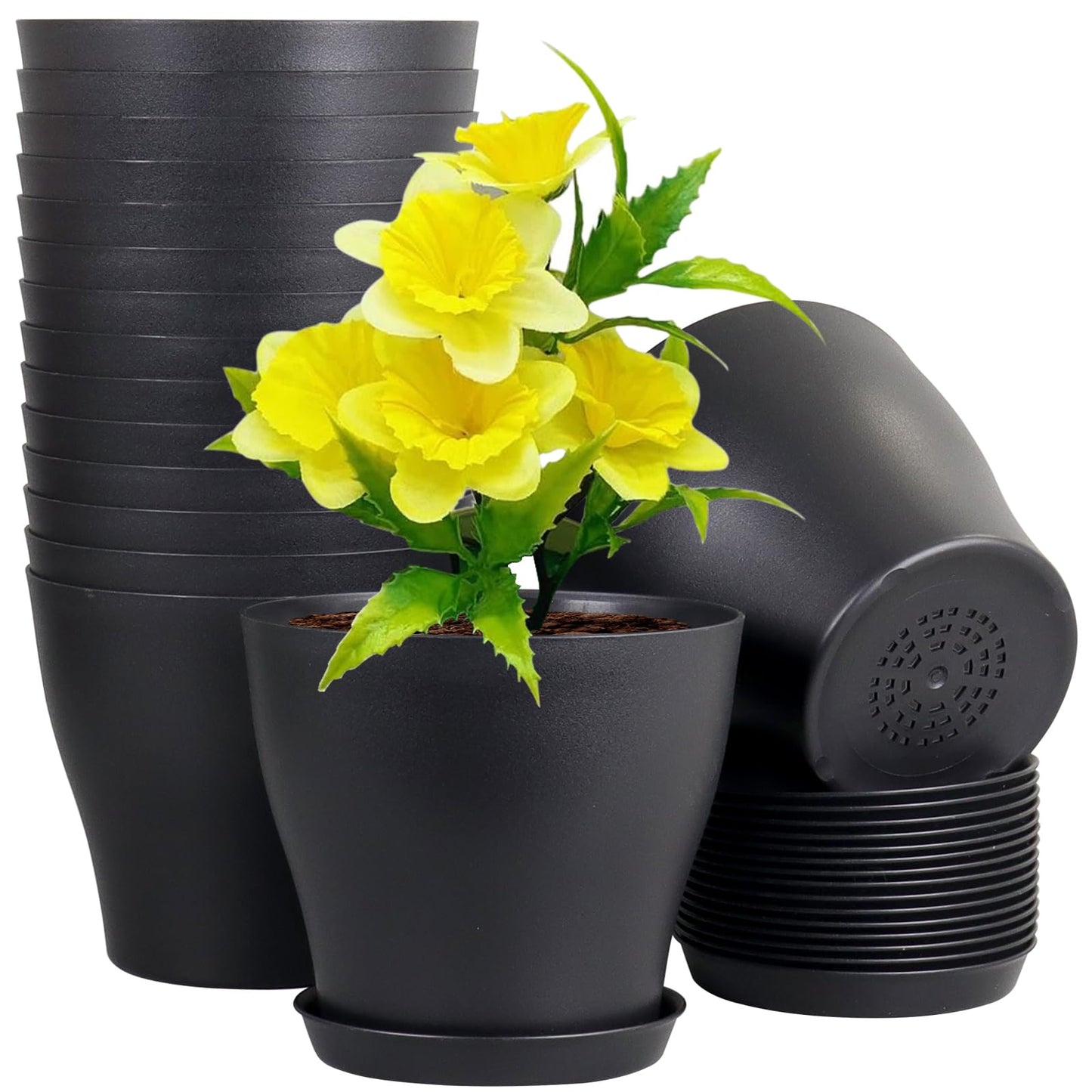 Meowell 6 inch Plastic Nursery Pots, 16 Pack Plant Pots for Small Indoor Outdoor Plants, Flower Pots with Drainage Holes and Saucers, Decorative Seedling Starter Planters for House Plants, Black