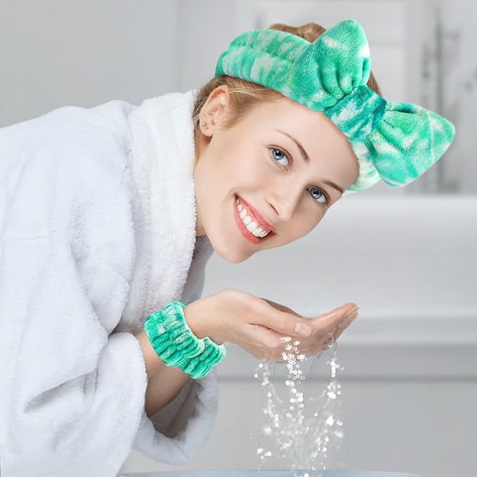 6PCS Spa Headband and Wristband Set for Face Washing, Soft Microfiber Skincare Hairband with Bow, Soft Absorbent Wrist Towels for Women Girls, For Makeup, Facial, Shower, Yoga
