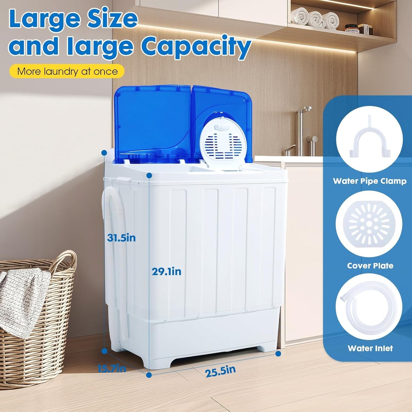 PLENTORA Portable Washing Machine, 28lbs Twin Tub with Drain Pump and Hose, 18lbs Wash 10lbs Spin Cycle, Compact Semi-Automatic Washer and Spinner Combo for Apartments, Dorms, RVs, Camping, Navy