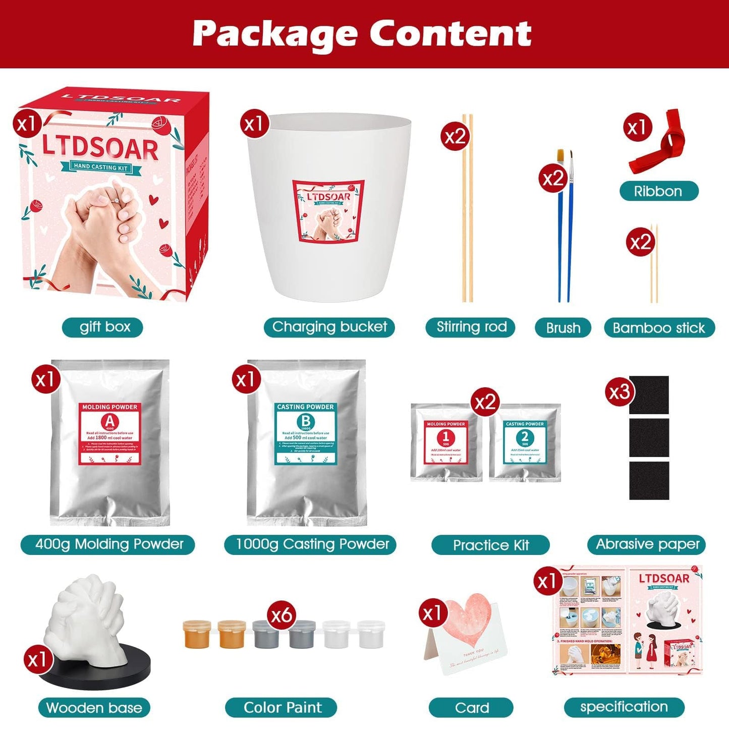 LTDSOAR Hand Casting Kit, Couples with Practice Kit, Hand Mold Kit for Adults & Kids, Romantic Anniversary Wedding Birthday for Her or Him,Boyfriend Girlfriend Unique Christmas Stocking Stuffers Gift