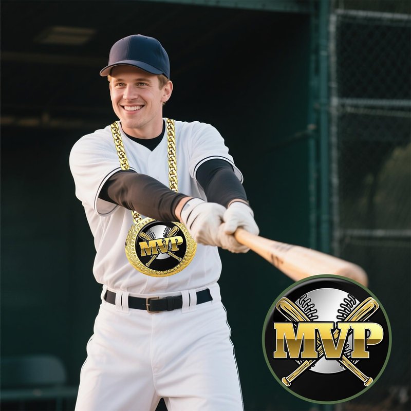 Goutoports Baseball Chain MVP Medal Award – 6" Oversized Gold Turnover Chain Trophy Necklace Prize for Team Champion, Little League, Youth Baseball, Tournament Winner, Banquets Party Gifts