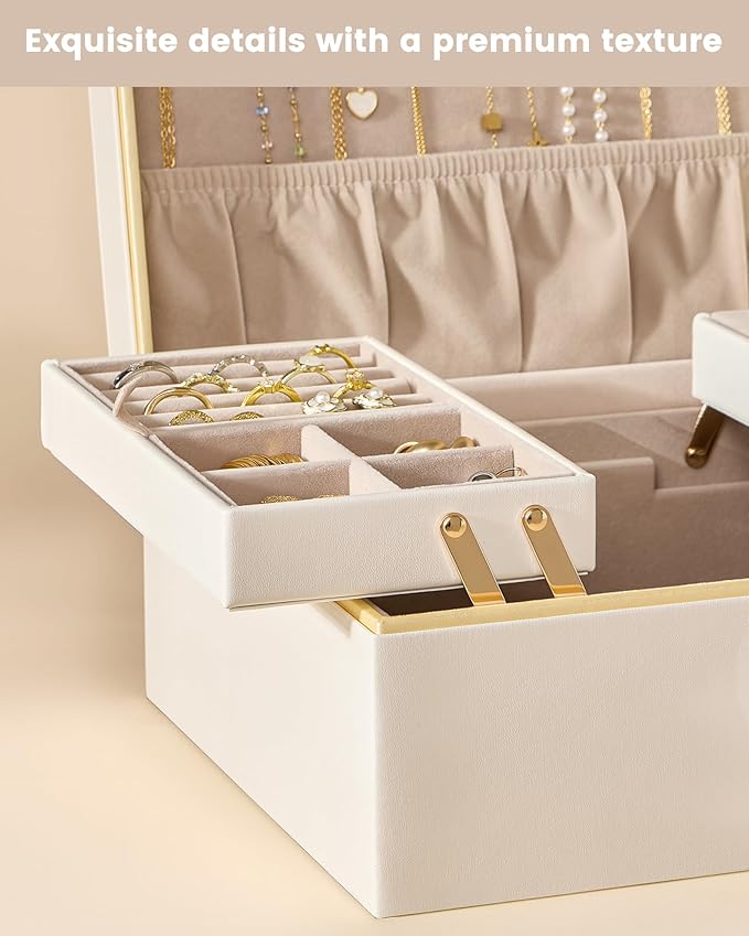 Lolalet Jewelry Box Organizer for Women Girls, 2 Layer Jewelry Organizers and Storage for Necklace Earrings Rings Bracelets, Large Jewellery Holder Case Birthday Valentine Gifts -Cream