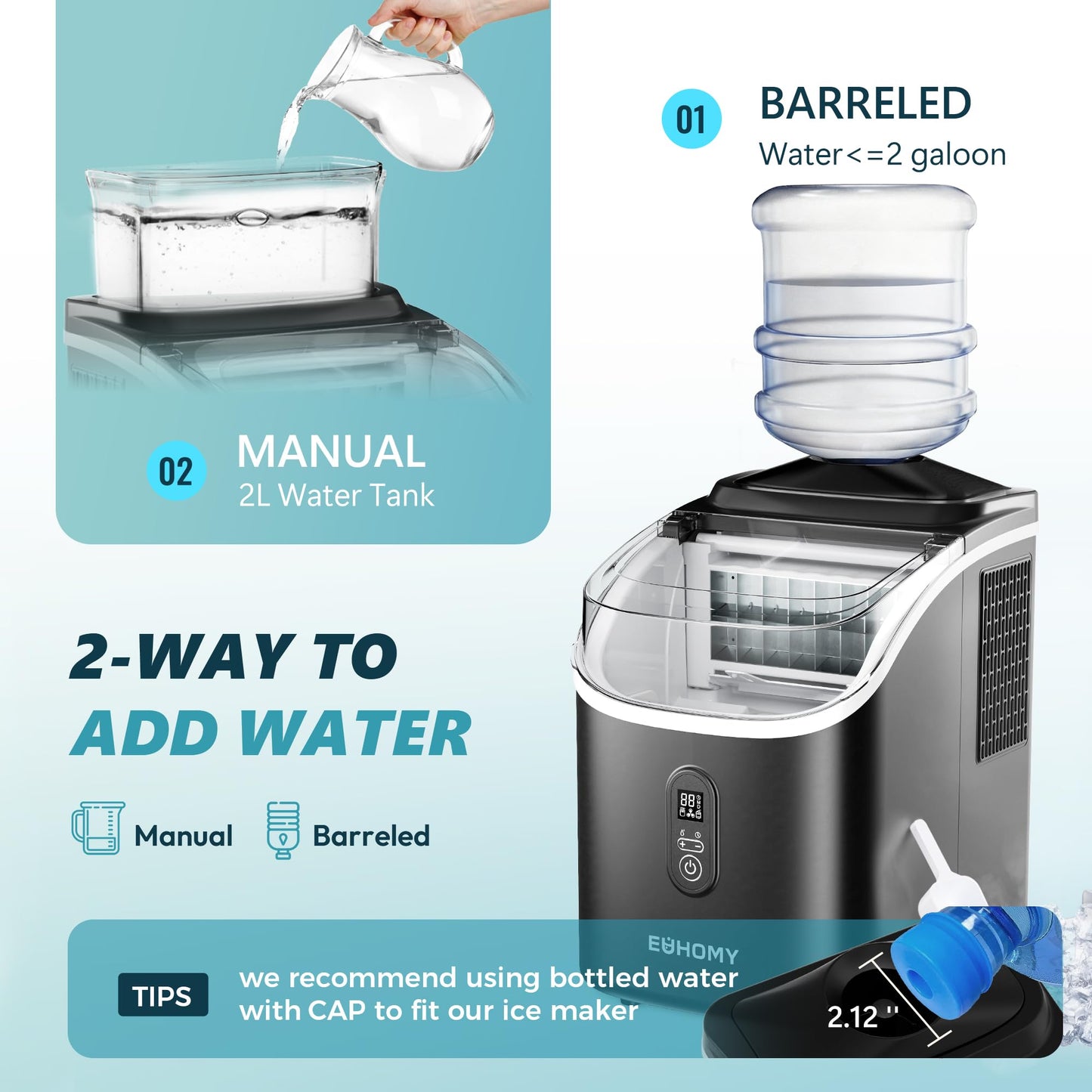 EUHOMY Ice Cube Maker Machine Countertop with External Water Tank, 2 Ways to Add Water, 34Lbs/Day, 16Pcs Ready in 7 Mins, Auto-Cleaning, with Ice Scoop & Basket, for Home/Kitchen/Office/Bar (Black)