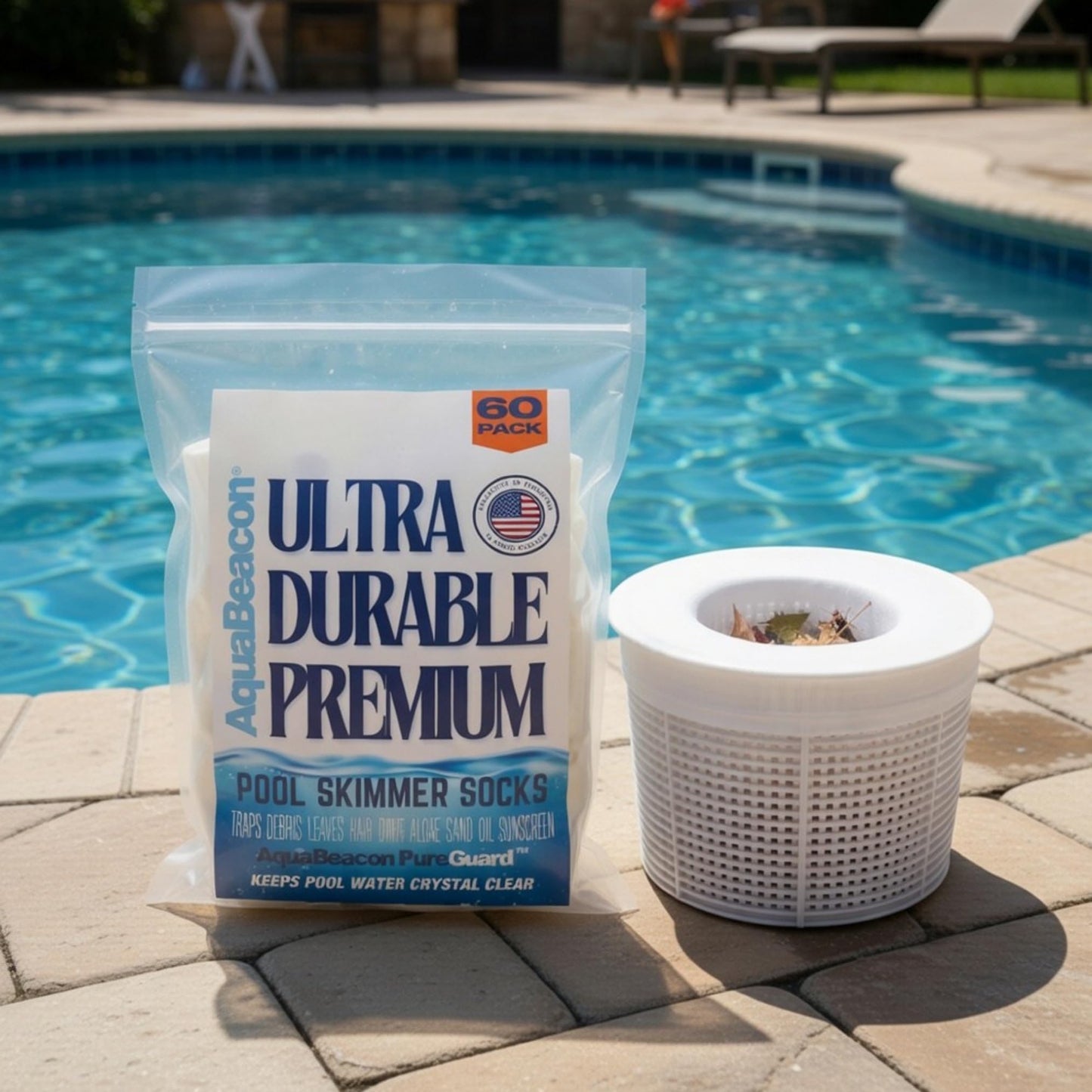 Aquabeacon® Premium 60-Pack Original Longer Lasting Pool Skimmer Socks PureGuard, Ultrafine Mesh Perfect Pool & Spa Savers for Filters, Baskets, and Skimmers