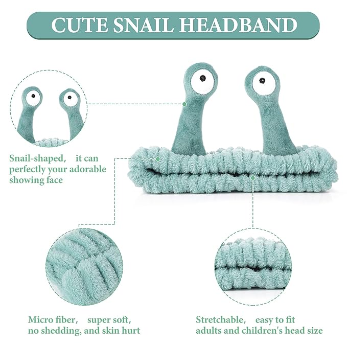 Face Wash Headband, Palm and Snail Spa Hair Bands Makeup Headbands Women Cartoon Cute Coral Fleece Elastic Headband Creative Hair Accessories for Washing Face Shower Sports (Green)