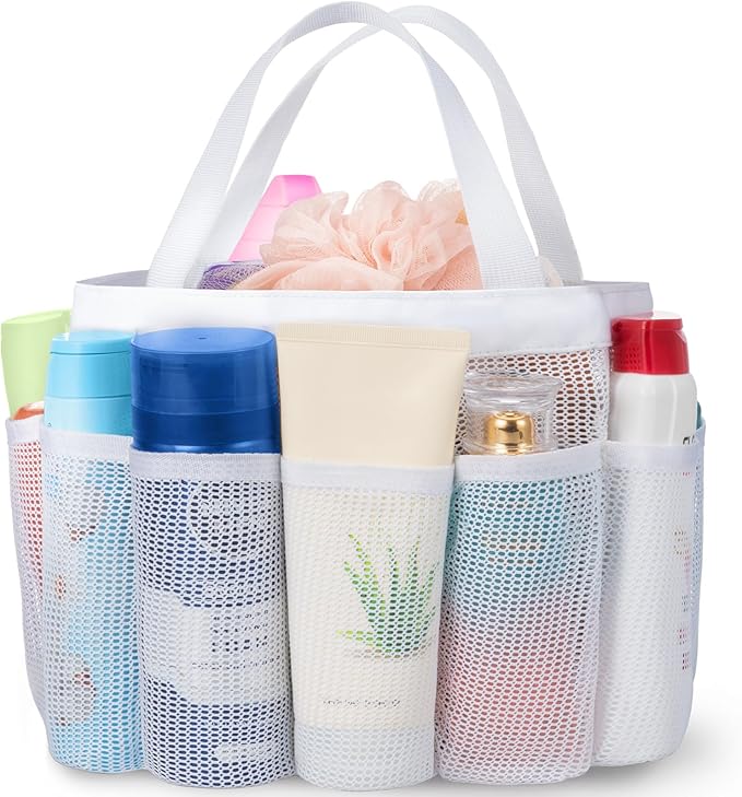 Lifewit Mesh Shower Caddy Portable for College Dorm Room Essentials with 7 Pockets, Freestanding Hanging Organizer Basket, Quick Dry Tote Bag for Camping, Bathroom, Beach, Travel, 1 Pack, White