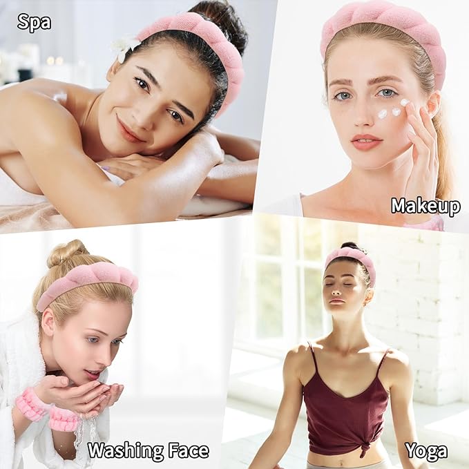 Casoty Spa Headband with Wristband Set, Pink Terry Cloth Non-Slip Hairband Soft Stretchy Skincare Makeup Headwear for Washing Face Yoga Daily Women Girls