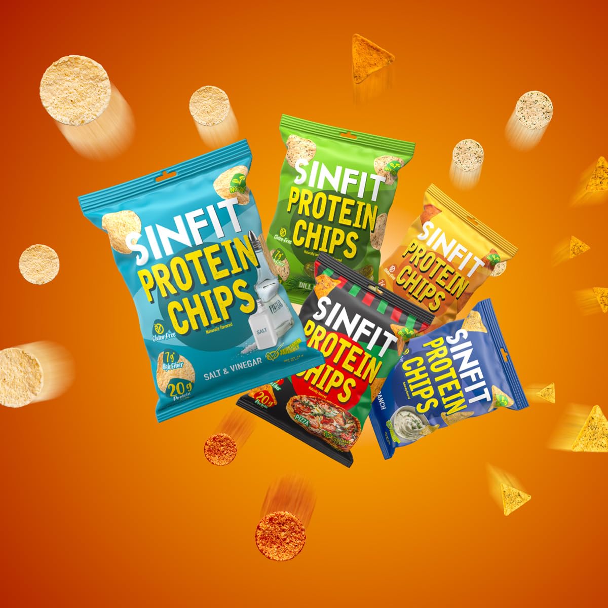 SinFit Protein Chips, 20g Protein/Bag, 50g-Bag, High Fiber, Low Carb, Gluten Free,7/box (7 Bags, Salt & Vinegar)