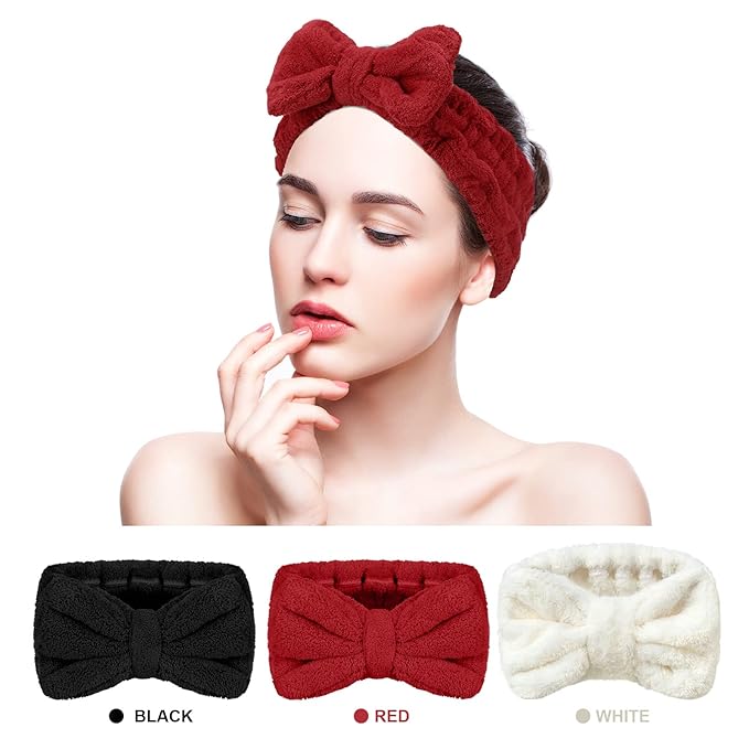 Hicarer 3 Pieces Hair Headband Headband to Wash Face for Women Makeup Spa Headband, Microfiber Bowtie Shower Headband for Women and Girls (Red, Black, White), 1.0 Count