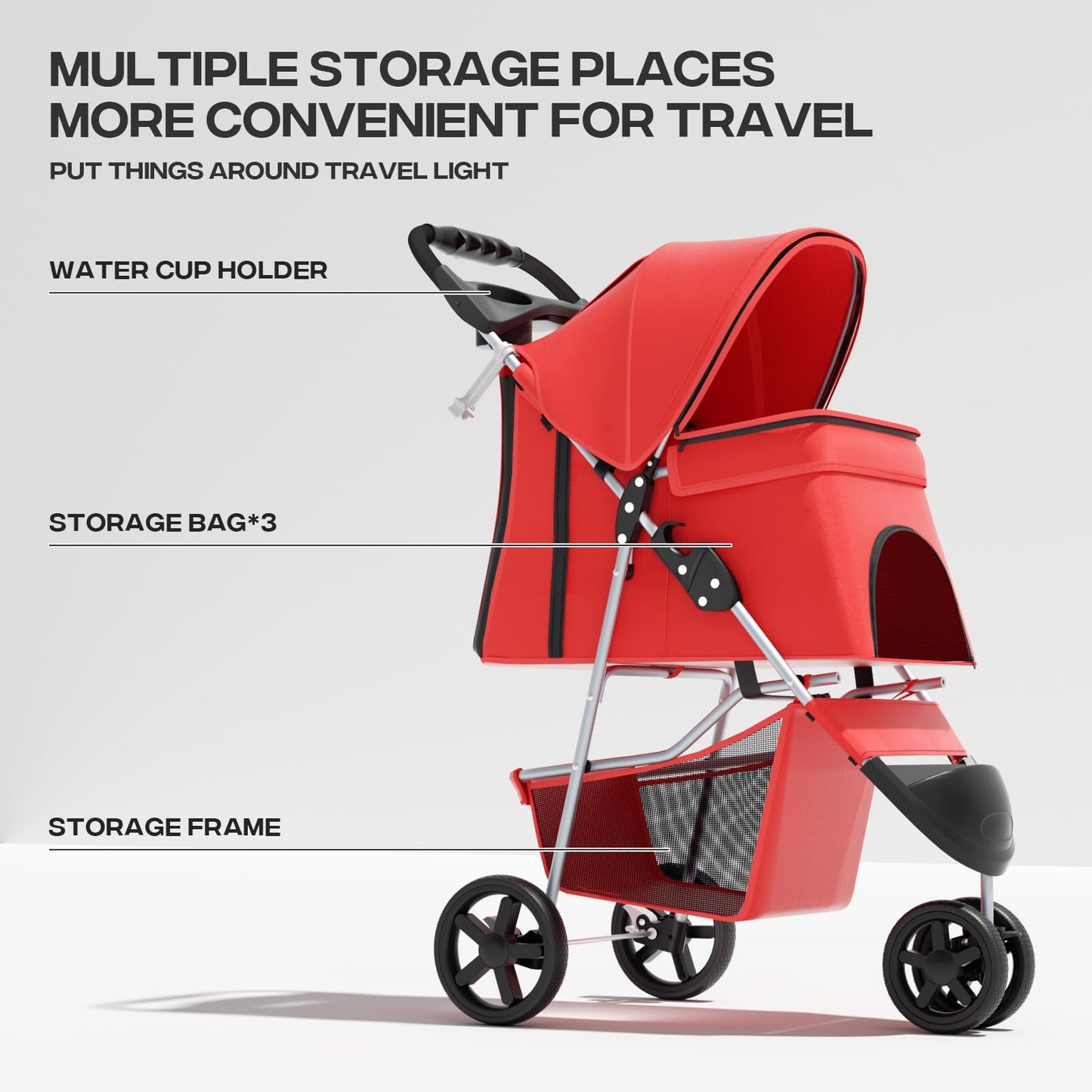 Pet Stroller for Small Dogs 10 lbs, Dog Stroller for Medium Dogs 30 lbs, Cat Strollers for 2 Cats, 3 Wheels Foldable Jogger Puppy Stroller with Storage Basket and Cup Holder, Red