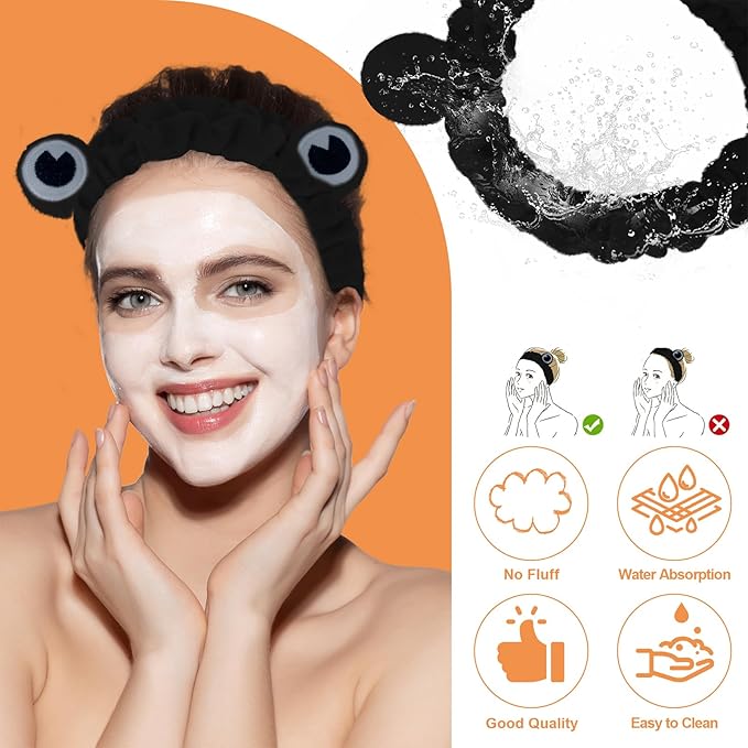 Jowmoy black Frog Eye Elastic Headband - Versatile for Spa, Skincare, Makeup, Face Wash, Fun Gift for Women (1 Pack)