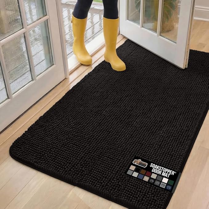 GORILLA GRIP SoakSTOPPER Dog Door Mat, 60x36 Machine Washable Rug Absorbent Doormat Captures Moisture Mud Dirt, Quick Dry Soft Chenille Entryway Rugs Indoor Entrance Mats for Dog Paws, Black