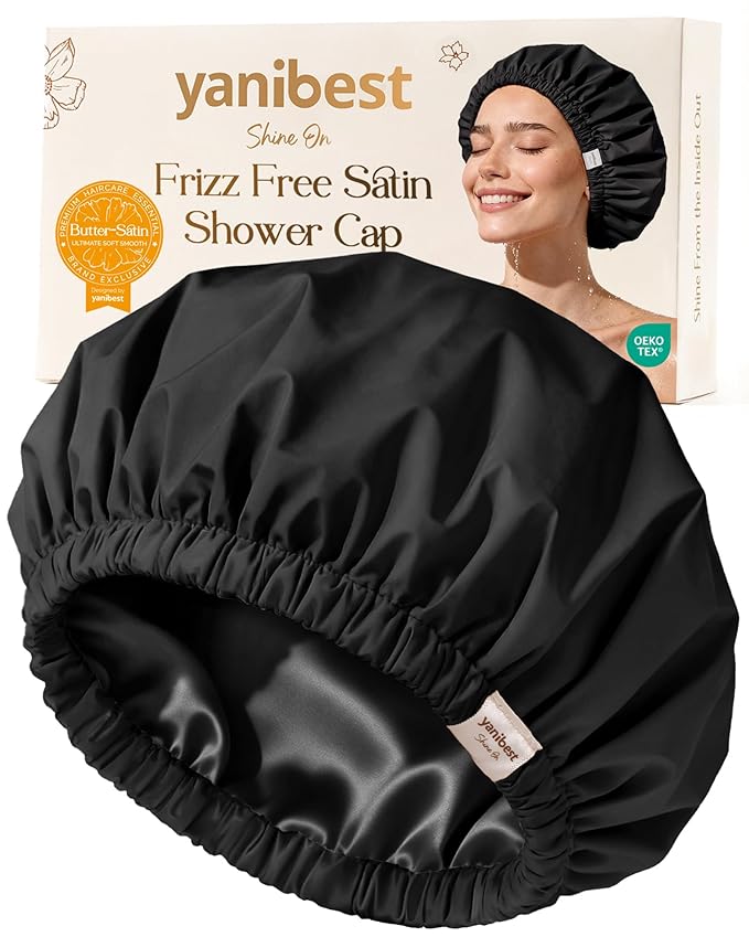 Yanibest Satin Lined Shower Cap for Women Reusable Waterproof, Frizz Free & Large Bath Cap with Soft Elastic Band, Luxury Hair Protection Caps (Black)