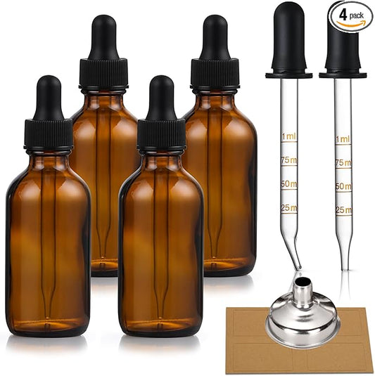 4 Pack, 1 oz Amber Glass Dropper Bottles Plus 2pcs Graduated Calibrated Glass Pipettes (1ml)- 30ml Dark Brown Tincture Bottles with Eye Droppers for Essential Oils, Liquids - Leakproof Travel Bottle