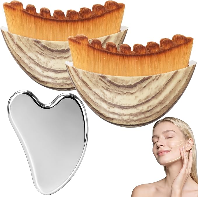 2PCS Lymphatic Contour Face Brush & Stainless Steel Gua Sha Tool Set, for Face and Neck Massage gua sha, Jawline Puffiness, Lifting, Relaxation, Lymphatic Drainage