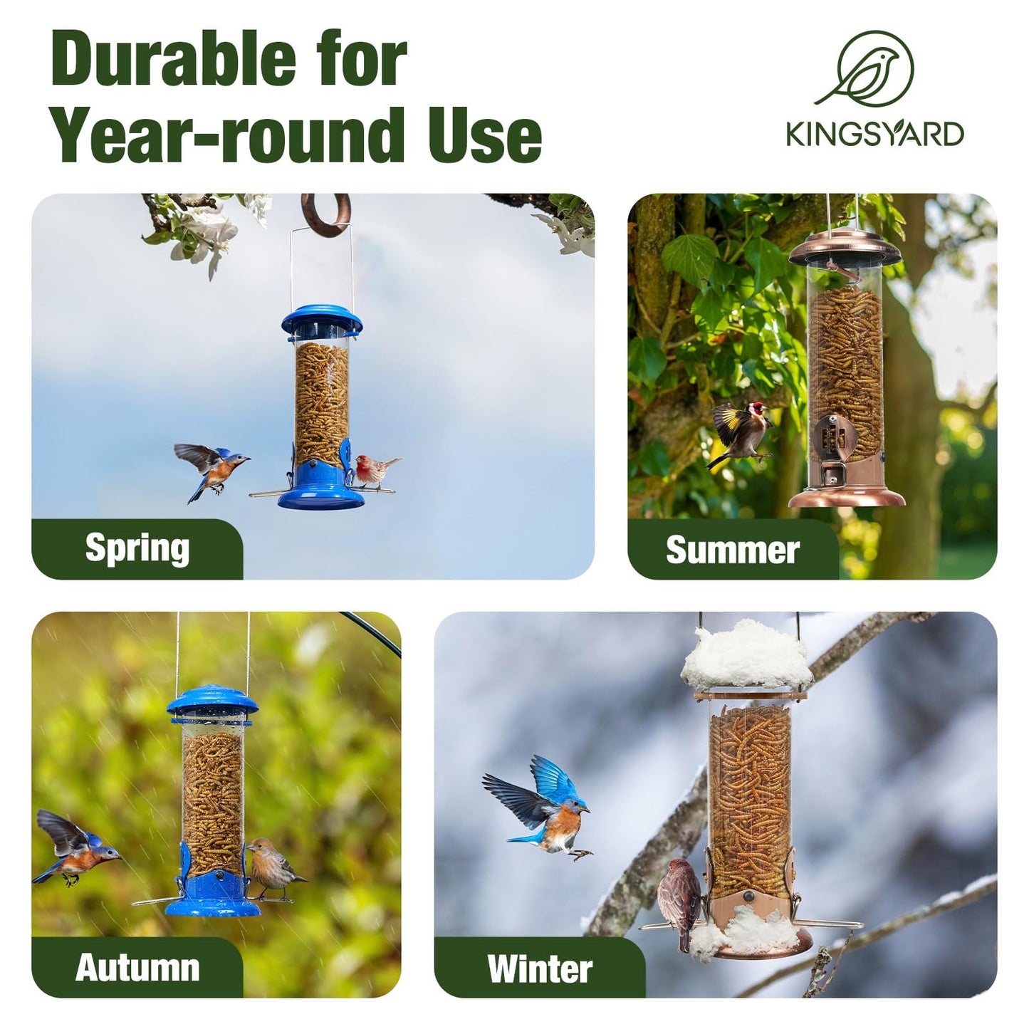 Kingsyard Upgraded Bluebird Feeder for Outdoors Hanging, Metal Mealworm Tube Bird Feeder with Widen Perch for Wild Birds, Squirrel Chew Proof, Easy to Refill & Clean(Blue)