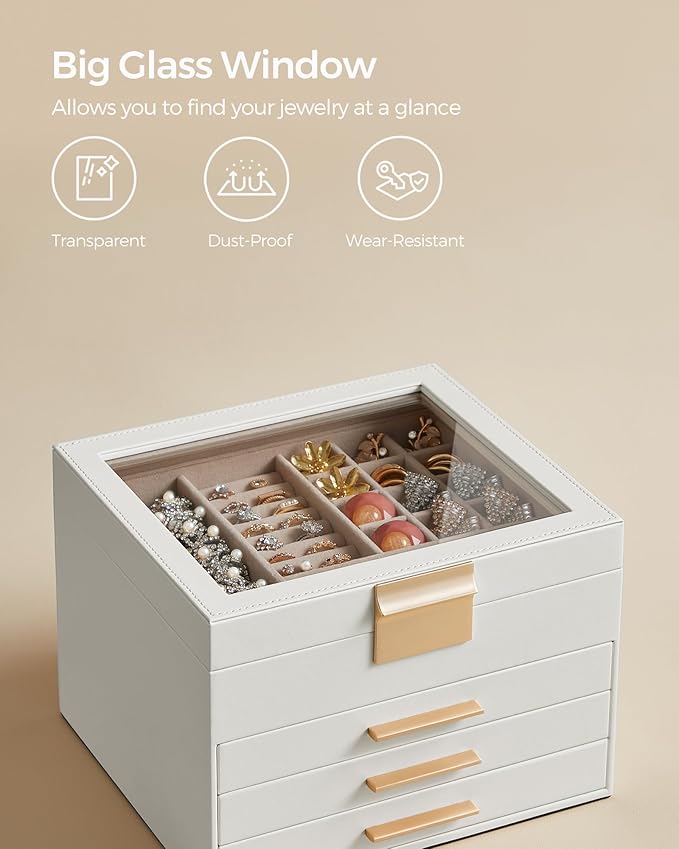 SONGMICS GISELLA Collection - Jewelry Box Organizer, 4-Layer Jewelry Storage with 3 Drawers, Shiny Metal Hardware, Glass Lid, Modern, 8 x 9.1 x 6.5 Inches, Cloud White and Gold Color UJBC173W01
