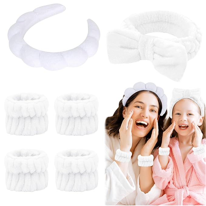 Spa Headband and Wristbands Set - 6 Pcs Terry Cloth Puffy Headbands for Skincare, Makeup Removal and Shower