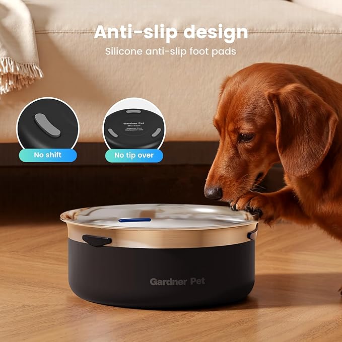 Gardner Pet Slow Water Bowl for Dogs, 2L/68oz Spill-Proof Pet Water Bowl with Floating Disk & Filter Screen, Stainless Steel No-Spill Water Dispenser for Medium Pets