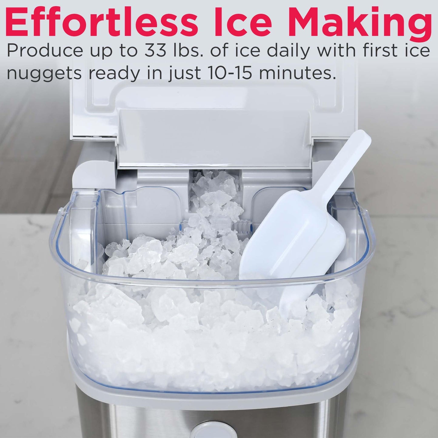 Frigidaire Countertop Crunchy Chewable Nugget Ice Maker, Compact, 33lbs per Day, Metallic Finish