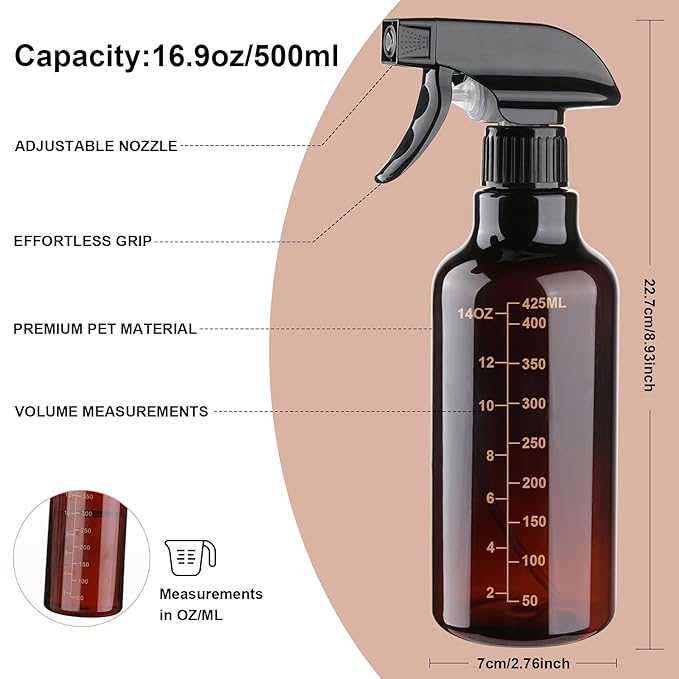 Plastic Spray Bottle 16.9oz Empty Spray Bottles Refillable Container Trigger Sprayer for Cleaning Solutions, Water, Plants, Pet, Essential Oils, Hair, 2 Pack (Amber-scale)