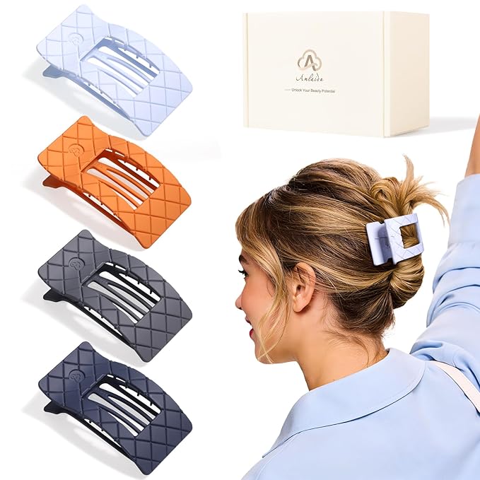 Large Flat Hair Claw Clips for Women Fine Thin Medium Thick Hair, Duckbill Strong Hold Non Slip Square Hair Clips, Cozy French Lay Down Hairclips, Papaya, Blue, Steel Gray, Mood Indigo, 4 Pcs