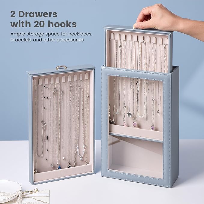 Lolalet Necklace Organizer Box, Jewelry Storage Box with Clear Window for Necklaces Bracelets, Tangle-Free Necklace Display Case for Women Girls -Dusty Blue, 2 Layers 20 Hooks