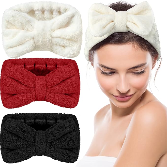 Hicarer 3 Pieces Hair Headband Headband to Wash Face for Women Makeup Spa Headband, Microfiber Bowtie Shower Headband for Women and Girls (Red, Black, White), 1.0 Count