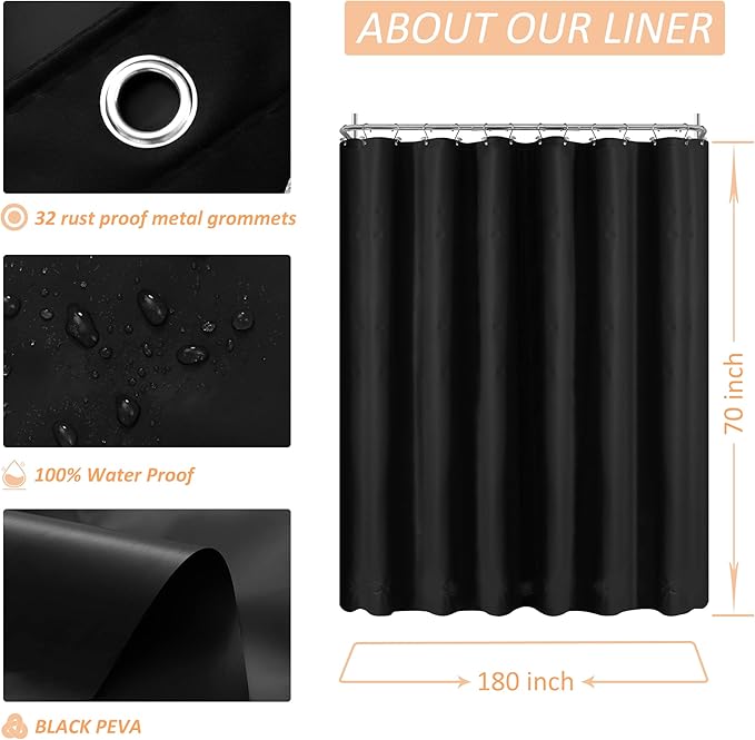 Mrs Awesome Black Clawfoot Tub Shower Curtain or Liner with 12 Magnets - Free 36 Hooks Included, Waterproof PEVA, 180" x 70", Black
