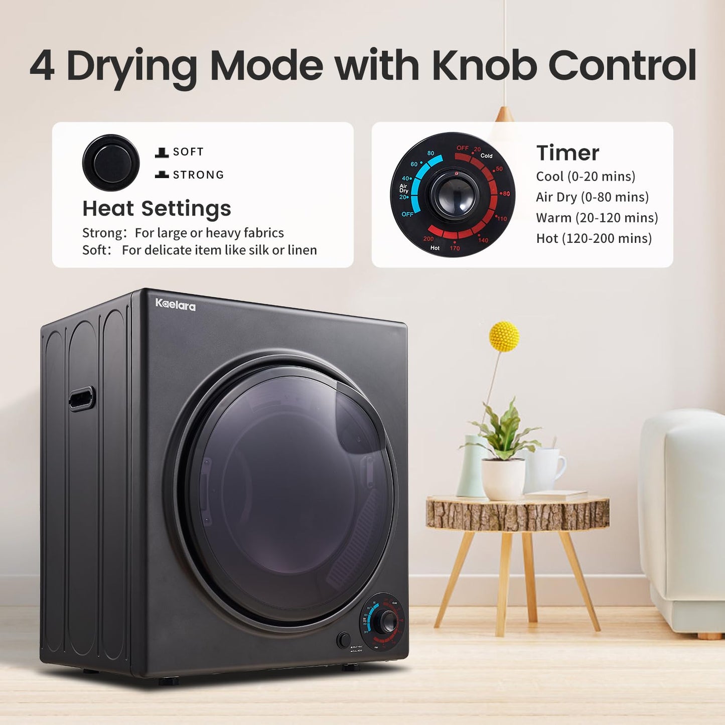 Kaelara Portable Dryer 3.5 cu.ft, 1500W Compact Dryer with Stainless Steel Tub, 4 Drying Mode, Overheat Protection, Apartment, Dorms, RVs, Black