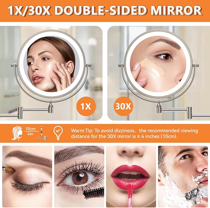 Auxmir 1X/30X Wall Mounted Lighted Makeup Mirror, 8" 3200 mAh Rechargeable Double-Sided Magnifying Mirror, Touch Dimmable 3 Color Lights, 360° Rotating Foldable 14.5" Extension Arm, Brushed Nickel