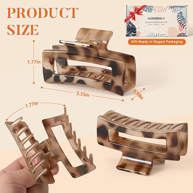 Auseibeely 6 Pcs Rectangle Tortoise Shell Claw Clip - 3.35 Inch Medium Hair Clips for Women and Girls, Non-slip Square Claw Clips for Thick/Thin Hair, Banana Jaw Clips Accessories for Gift