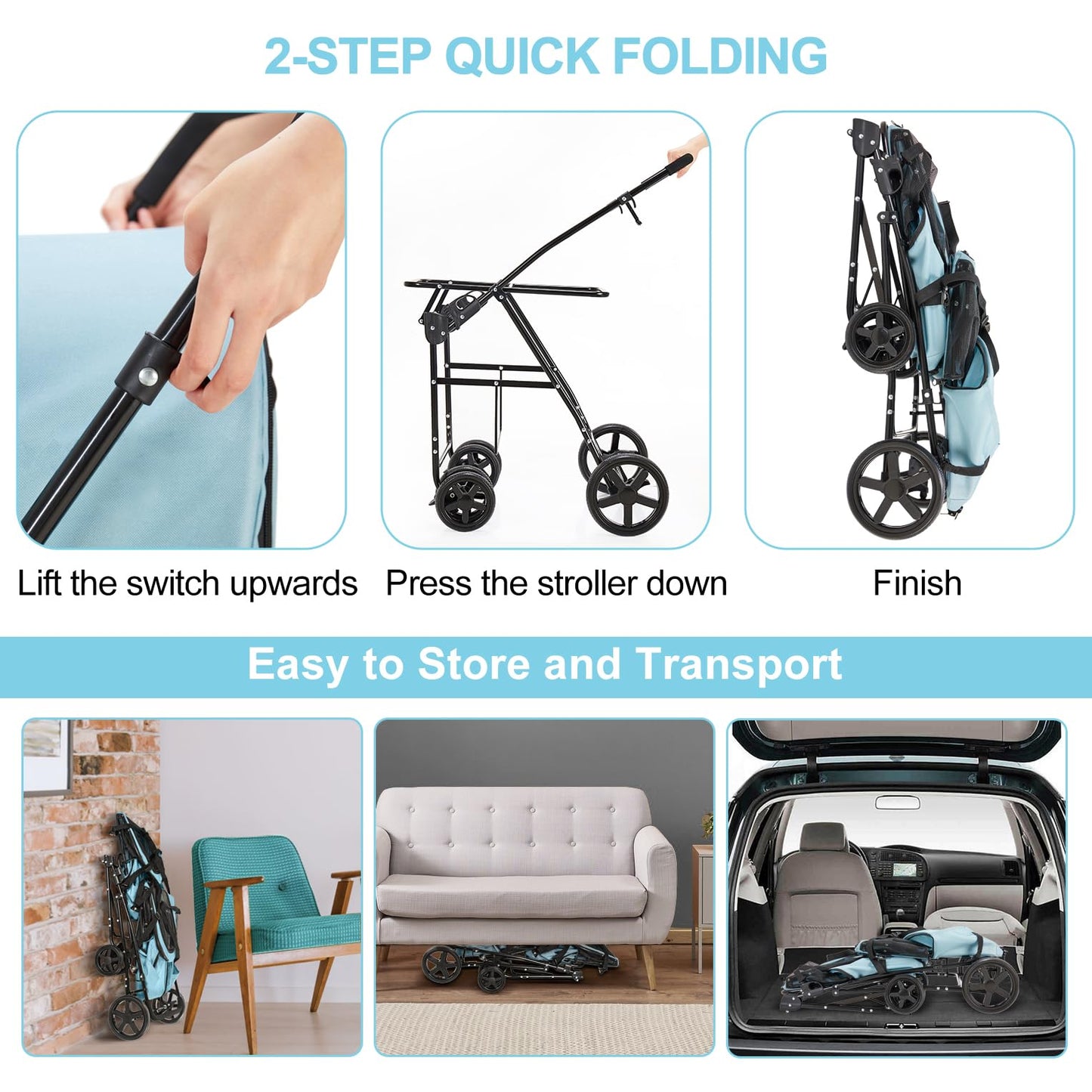 LPOTIUS Double Pet Stroller for Dogs and Cats with 2 Detachable Carrier, Quick-Folding Dog Stroller for Medium Small Dogs Cats, 4 Wheels, Light Blue