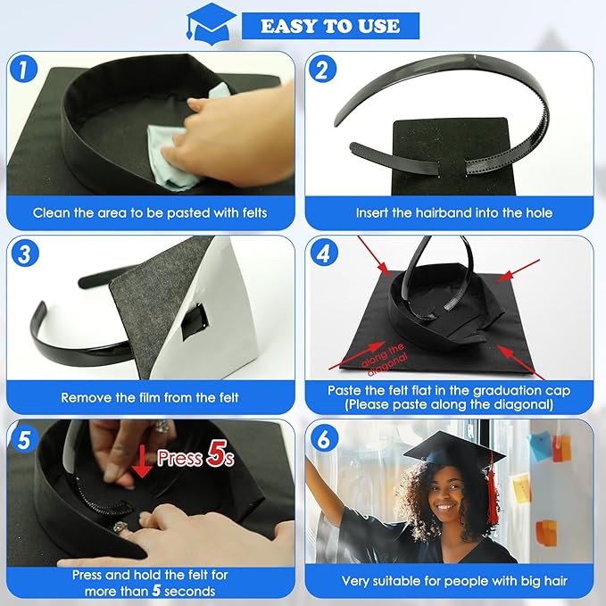Aolamegs Black Graduation Cap Headband Insert, 1 Pack Firm Anti-Fall Hair Band, Grad Hat Holder for Secure Cap & Hairstyle,Accessories for Graduates