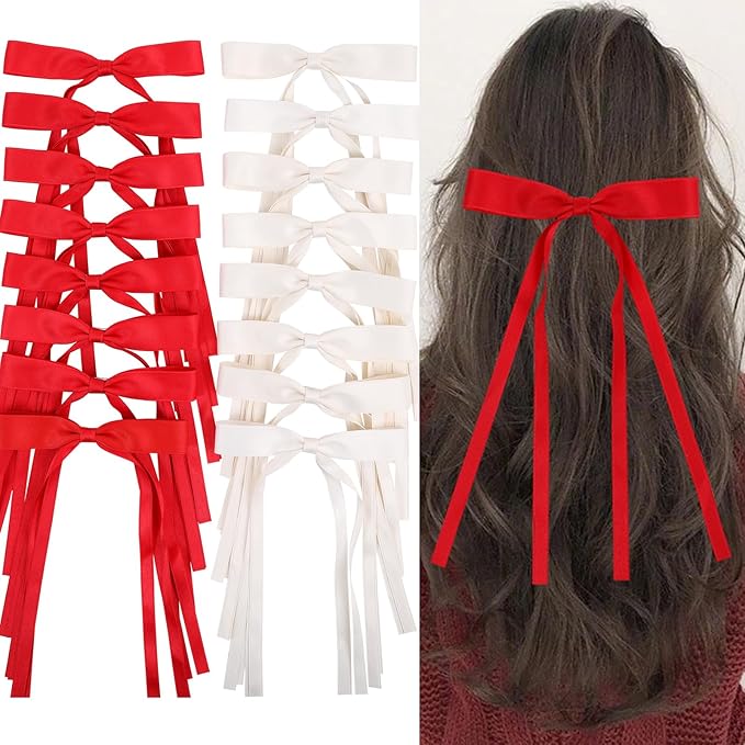 Red Hair Bows Clips Coquette Ribbon Bowknot with Long Tail Princess Hair Bows French Barrettes Hair Accessories for Women Girls 16PCS (Red, Cream)