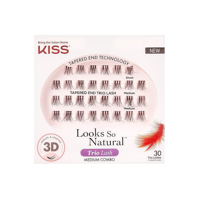 Kiss Looks So Natural Trio Lash Combo Pack False Eyelashes, Lash Extension Kit, Short & Medium, Tapered End Technology, 3D Lengths & Angles, Easy Grip Tray, Lash Glue 0.7g, 30 Lash Clusters
