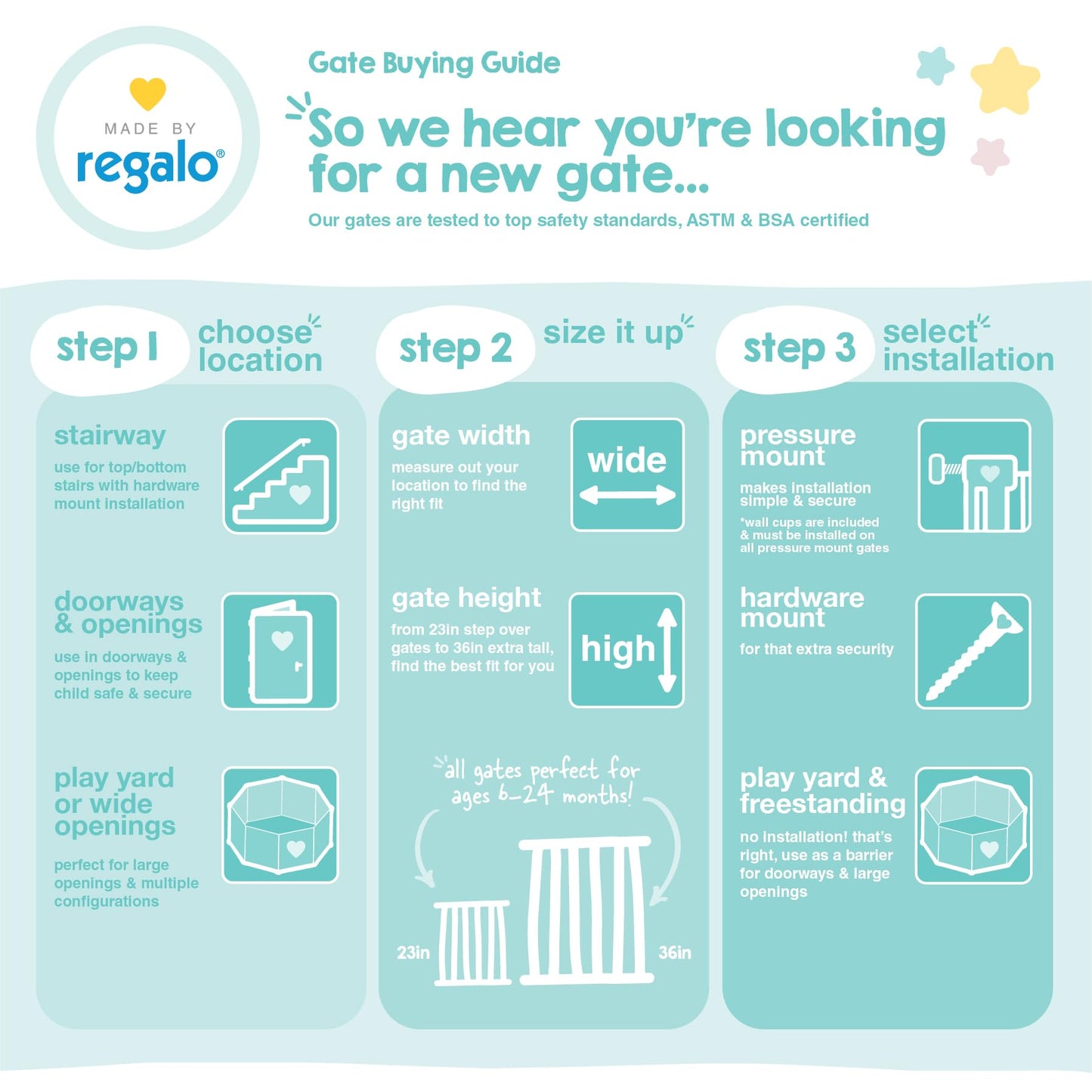 Regalo Safety 30.5-58" Extra Wide Arch Baby Gate with Door, Pressure Mount Walk Through Gate for Doorways & Bottom of Stairs, Babies, Toddlers & Pets, Tested & Safe, American Designed, American Owned