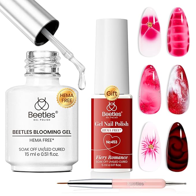 Beetles Blooming Gel Nail Polish Kit - Hema Free Clear Blooming Gel with Red Nail Polish & Nail Art Brush, Soak Off UV/LED for Flower Marble Watercolor Nail Designs DIY Gift Set