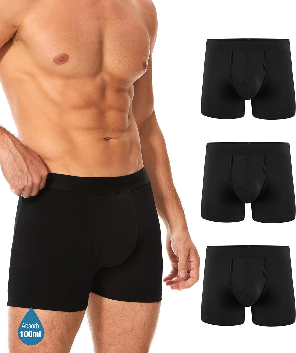 YESWEL Men's Incontinence Underwear, Leak Proof Washable Reusable Cotton Boxer Brief, Heavy Flow Bladder Leak 3 Pack (Black, Medium)