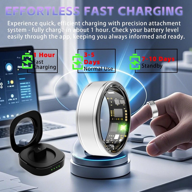 Anarow Smart Ring Health Tracker, Fitness Tracker Ring for Women Men, Monitoring of Pedometer, SpO2, Sleep Quality, Heart Rate, No Subscription Fee, Sport Rings for iOS & Android (Silver 7)