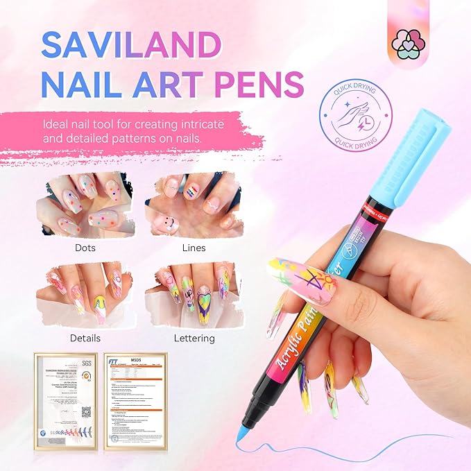 SAVILAND Nail Art Pens Set: 12 Colors Quick Drying Acrylic Paint Markers 3D Nail Polish Pens for Nail Art Color-fast Nail Point Dotting Drawing Painting Liner Pens Nail Art Design Tools Kit Home DIY