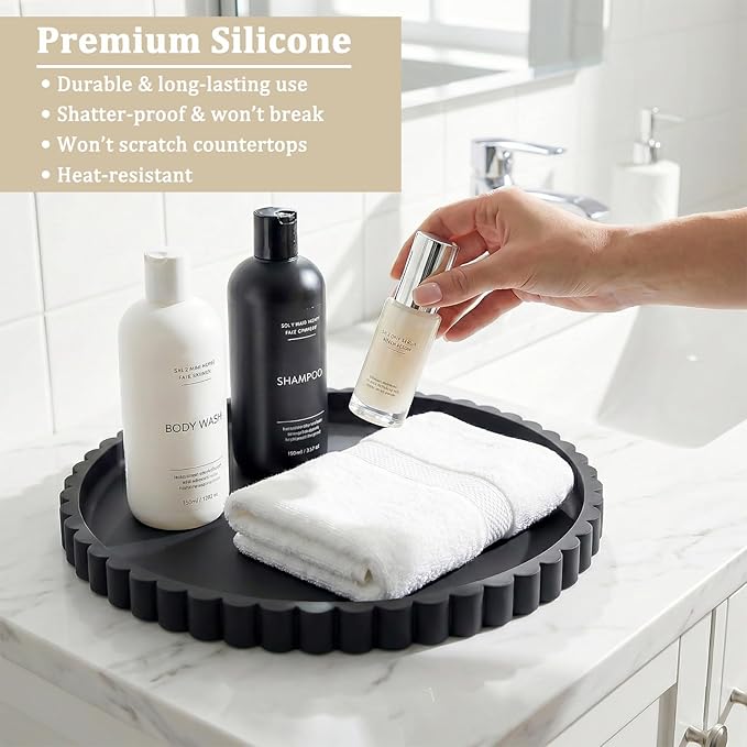 Silicone Bathroom Vanity Tray, Modern Round Decorative Tray for Countertop, Waterproof & Unbreakable Cosmetic Perfume Organizer, Extra-Thick & Sturdy, Easy to Clean Candle Tray (Black, 10 inch)