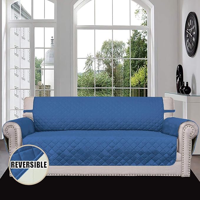 Easy-Going Reversible Couch Cover for 3 Cushion Couch Sofa Cover for Dogs Water Resistant Furniture Protector Cover with Foam Sticks Elastic Straps for Pet Cat (Sofa, Blue/Ivory)