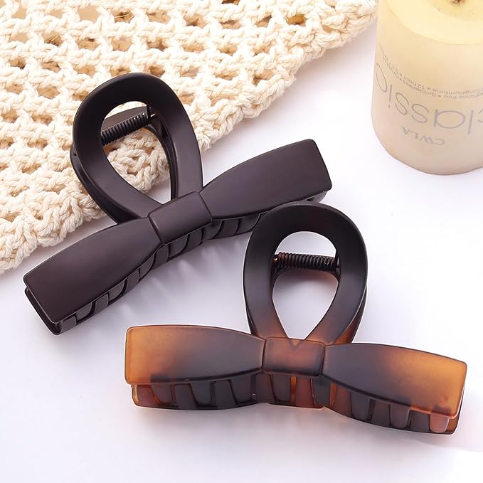 Fashion Bow Hair Claw Clips, 7 Pack 4.1 Inches Non-Slip Large Hair Clips for Women, Matte Tortoiseshell and Neutral Colors Hair Bows for Thick Thin Hair