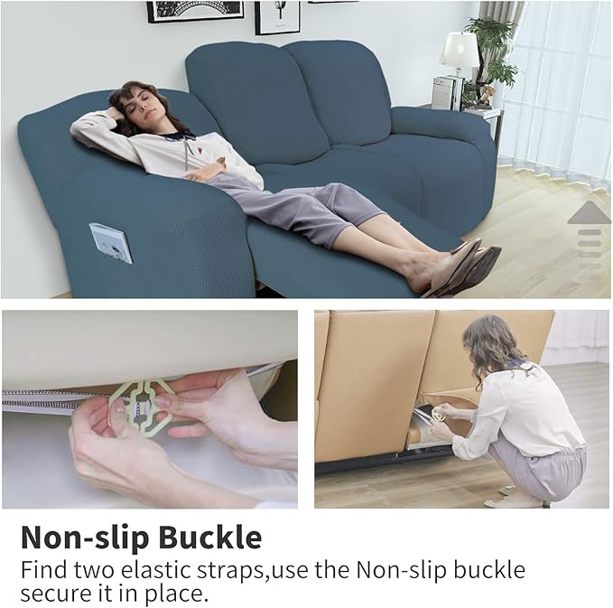 Easy-Going 6 Pieces Recliner Loveseat Stretch Sofa Slipcover Sofa Cover Furniture Protector Couch Soft with Elastic Bottom Kids, Spandex Jacquard Fabric Small Checks Bluestone